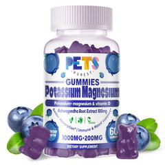 Pets Purest Potassium Magnesium Gummies blueberry bottle supports daily energy and leg comfort.