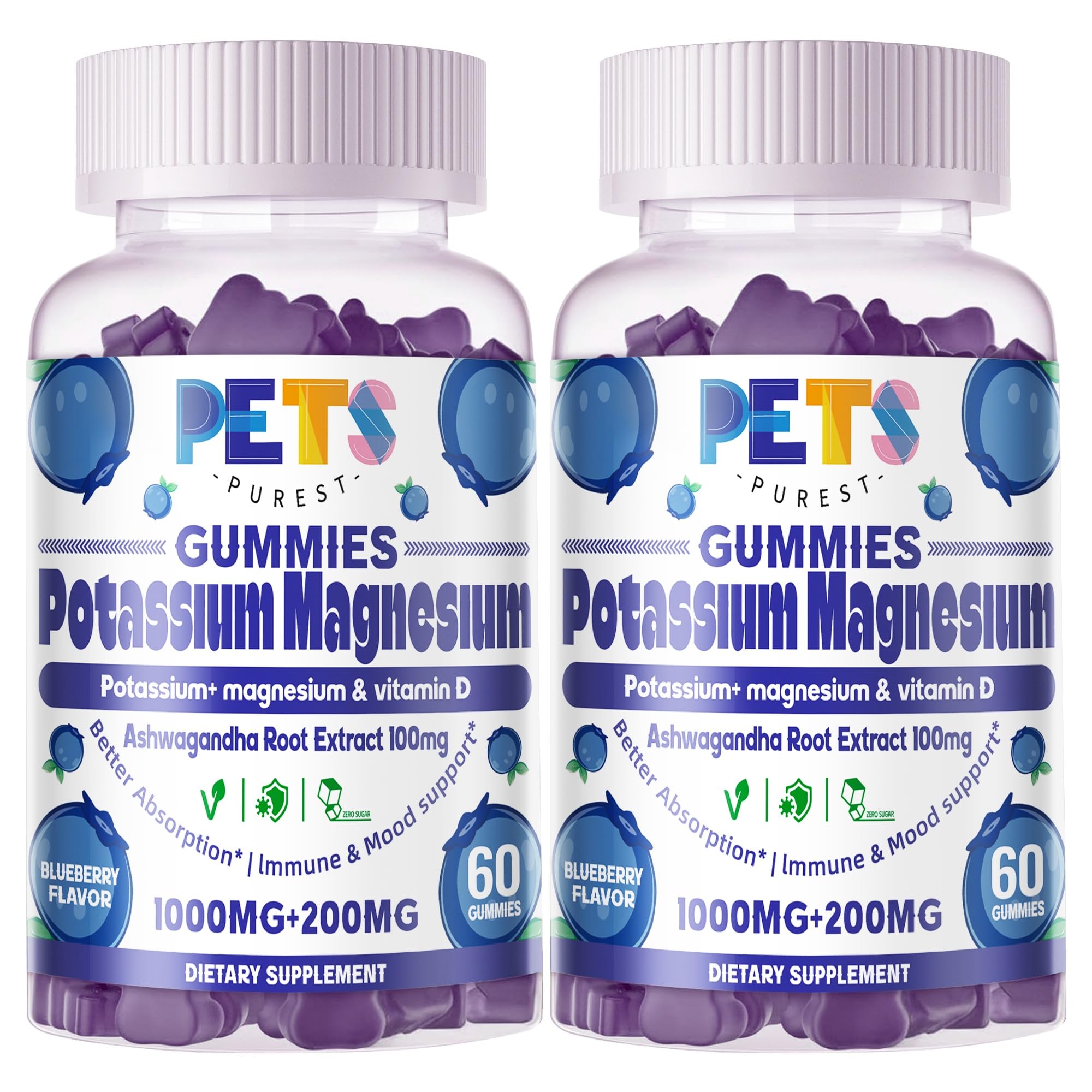 Pets Purest Potassium Magnesium Gummies bottle with blueberry flavor for daily hydration support