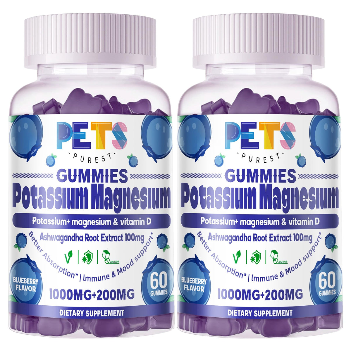 Pets Purest Potassium Magnesium Gummies bottle with blueberry flavor for daily hydration support