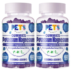 Pets Purest Potassium Magnesium Gummies bottle with blueberry flavor for daily hydration support