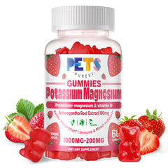 Pets Purest Potassium Magnesium Gummies bottle with strawberry flavor for daily energy support