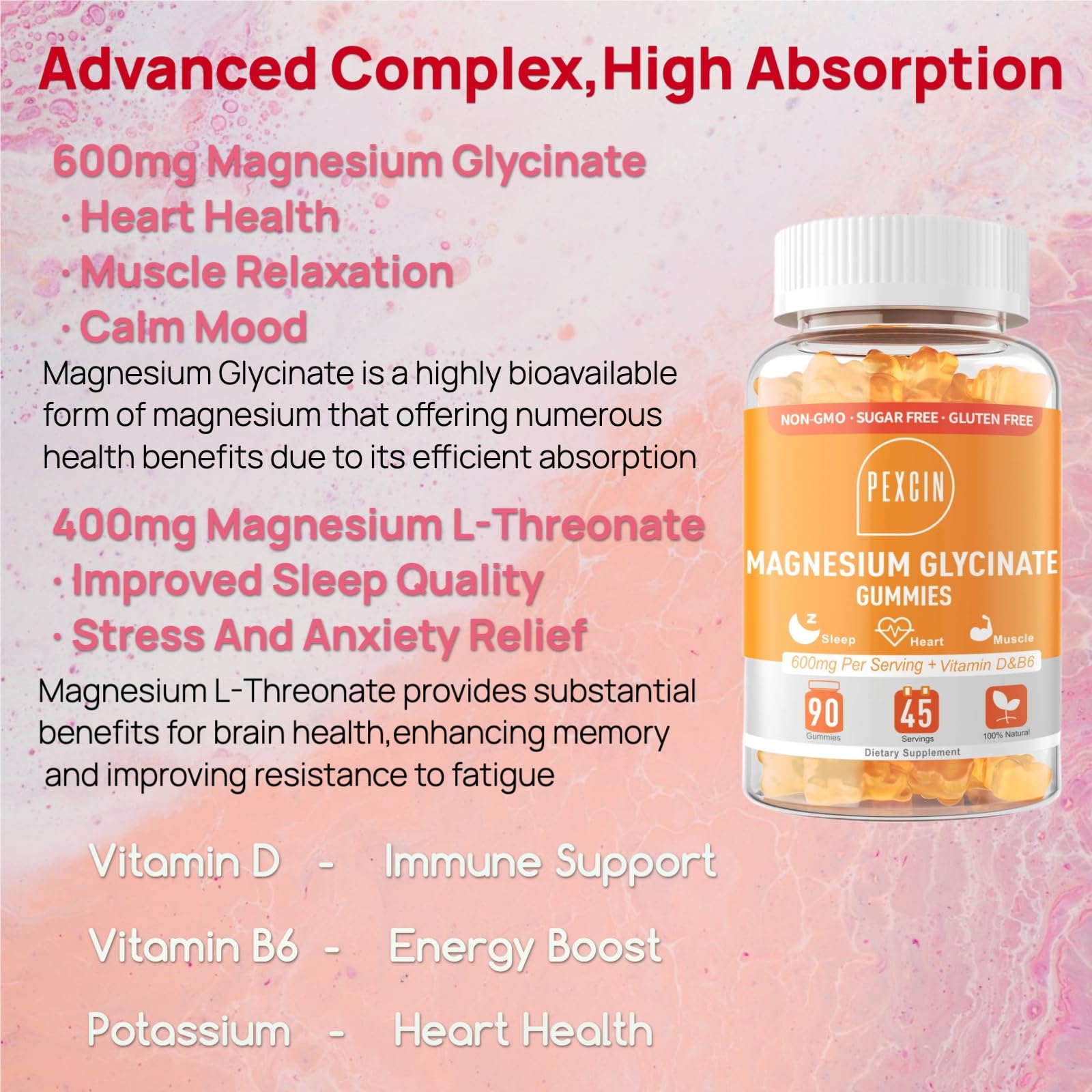 PEXCIN gummies serving image shows two chews, ideal for daily magnesium intake.