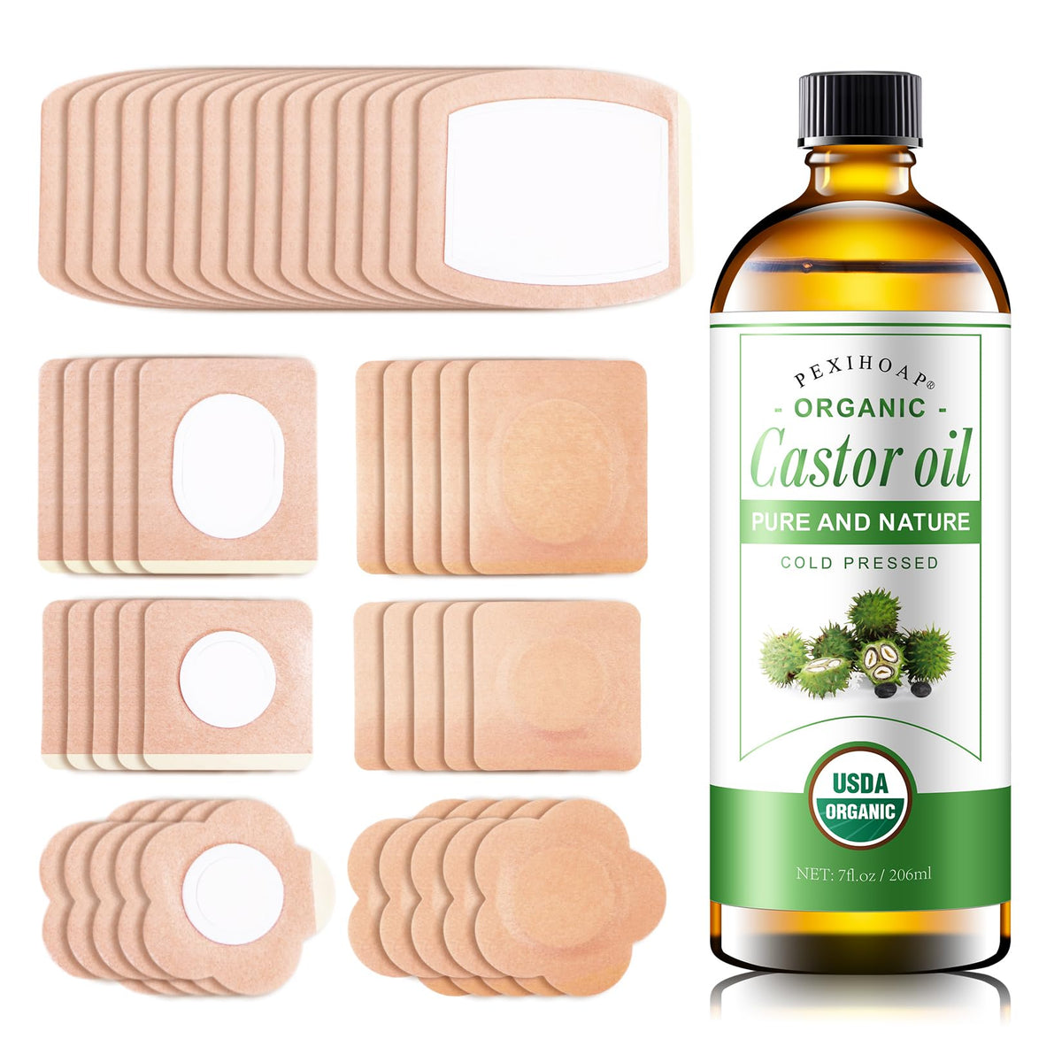 Pexihoap castor oil bottle with organic oil for packs.