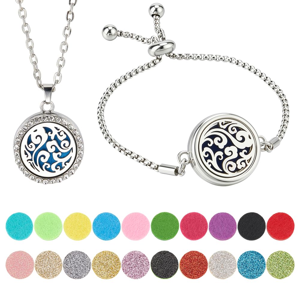 PH PandaHall diffuser necklace and bracelet set with stainless steel locket for on-the-go aromatherapy