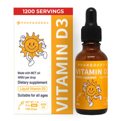 PHARGOODS+ Baby Vitamin D3 Drops bottle closeup showing 400 IU per drop for daily use