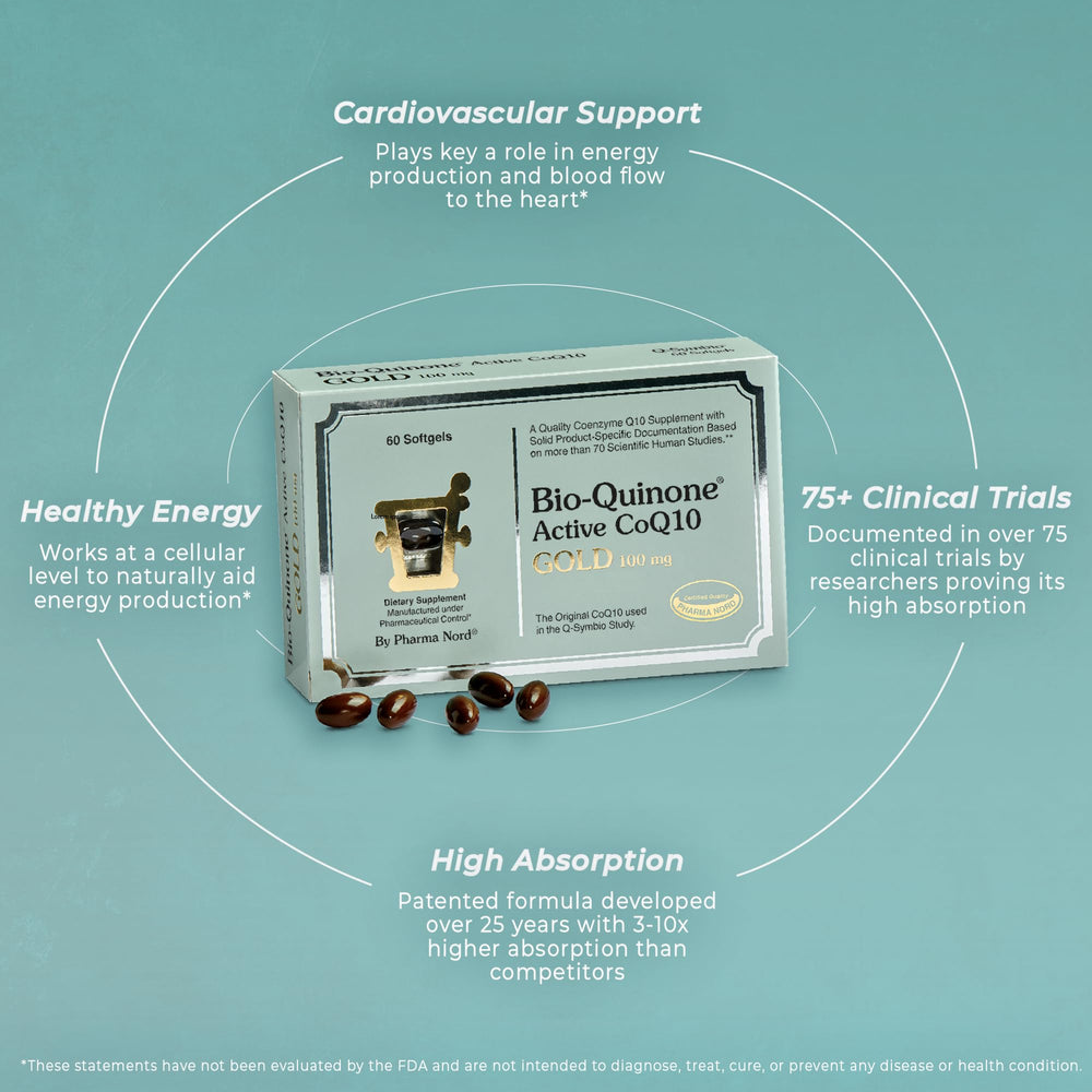 Pharma Nord Bio-Quinone Gold mentions clinical trials and research-backed formulation.