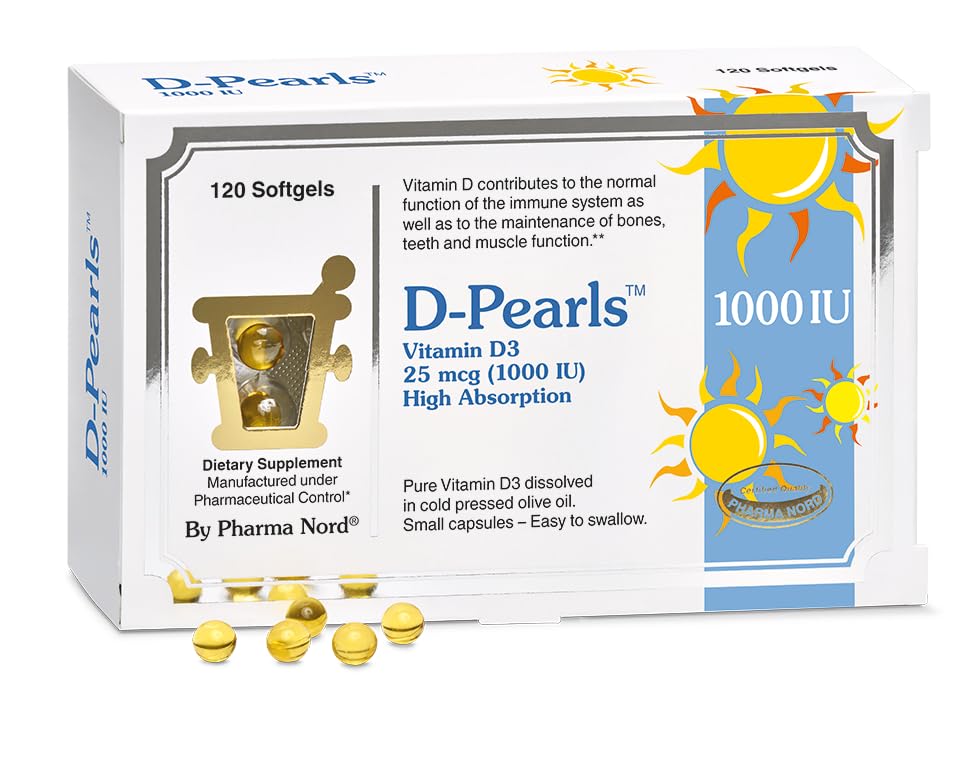 Pharma Nord D-Pearls bottle front view for easy daily vitamin D3 intake.