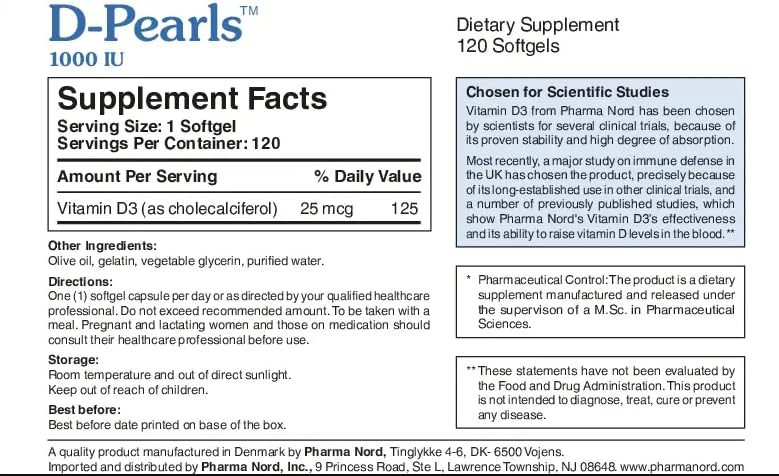 D-Pearls label evidences clinical trial selection and vitamin D3 credibility.