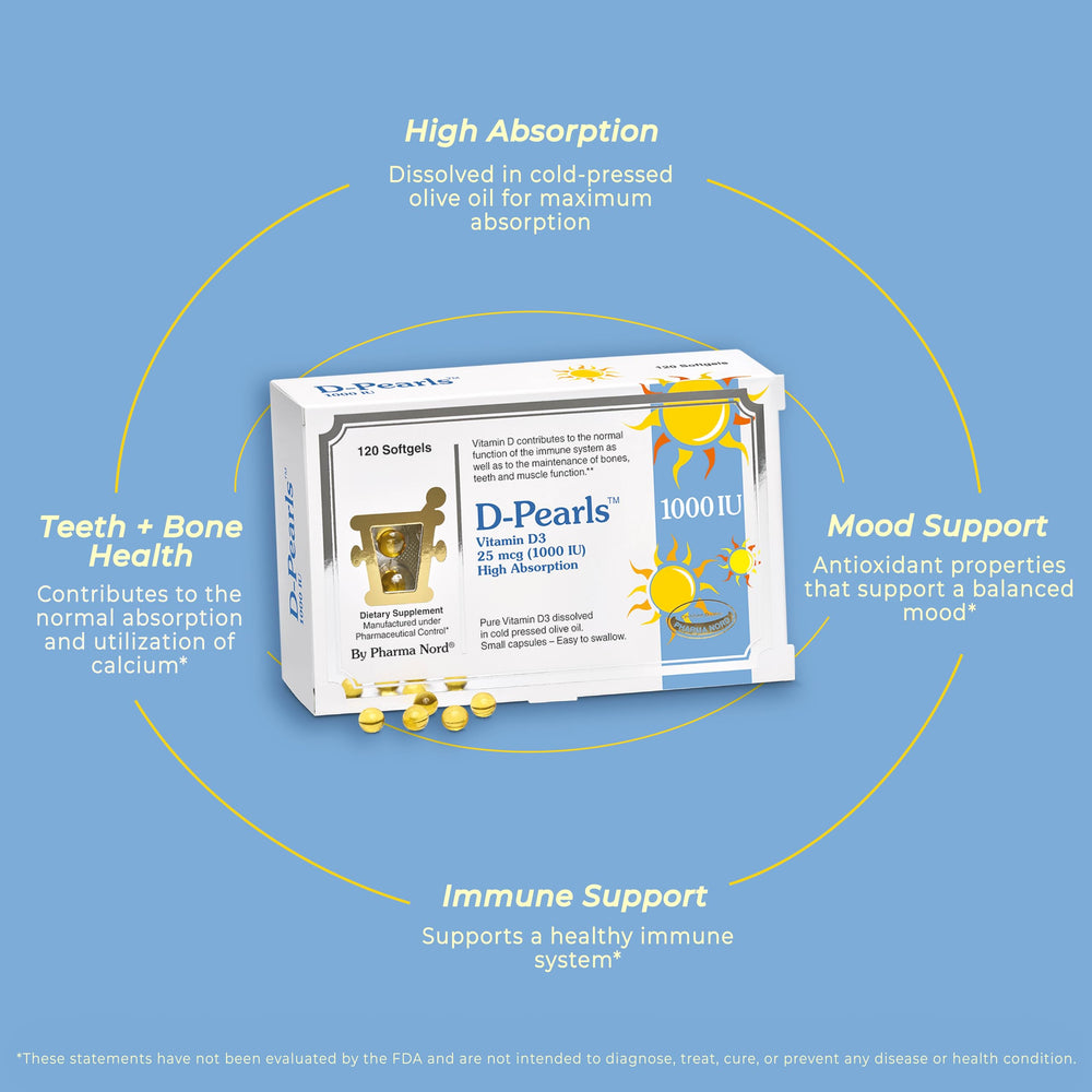 Pharma Nord D-Pearls box and bottle on shelf for daily use.