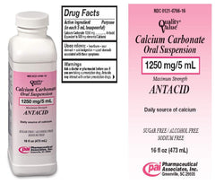 PHARMACEUTICAL ASSOC INC calcium carbonate oral suspension bottle pour supports precise dosing.