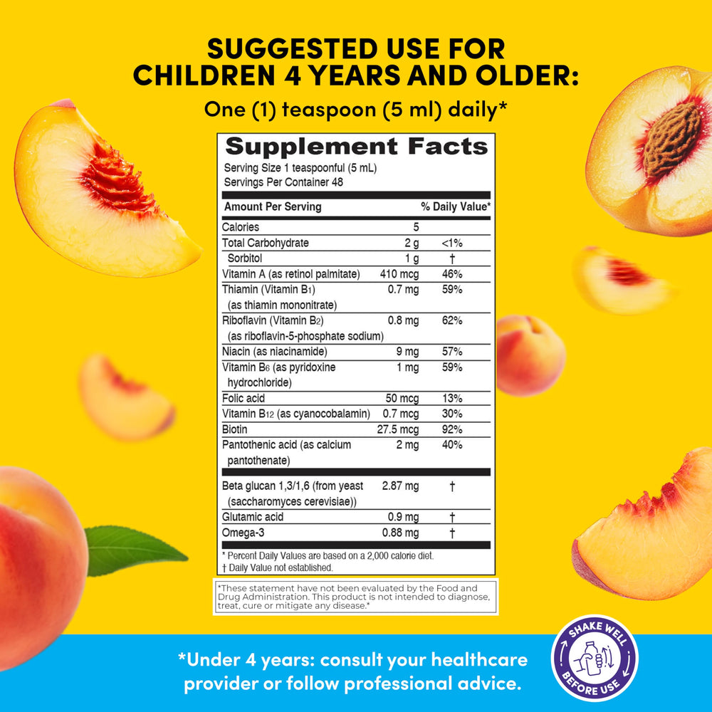 PHARMADEL GirafKids dose spoon showing easy, precise vitamin measurement for families.