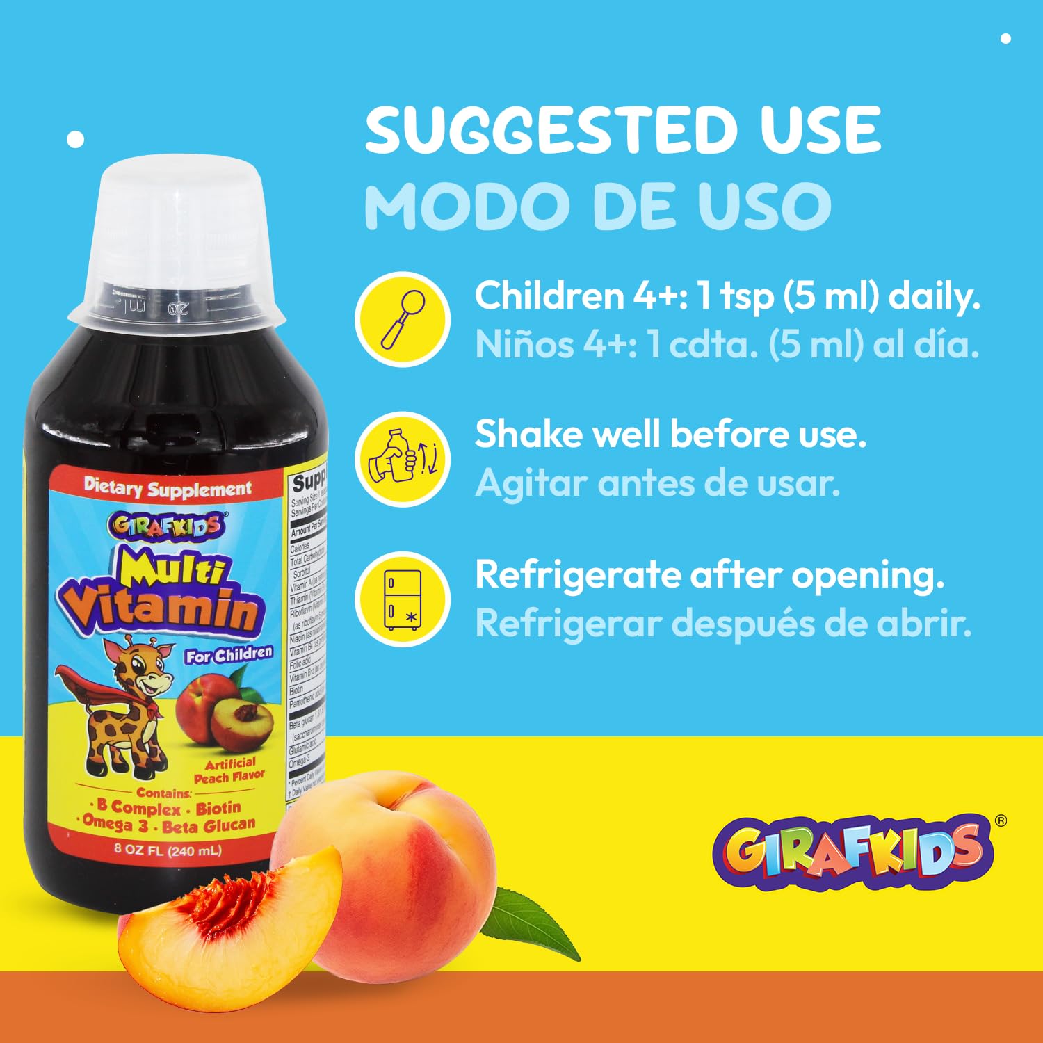 PHARMADEL GirafKids label close-up reveals nutrients and age suitability for growing children.