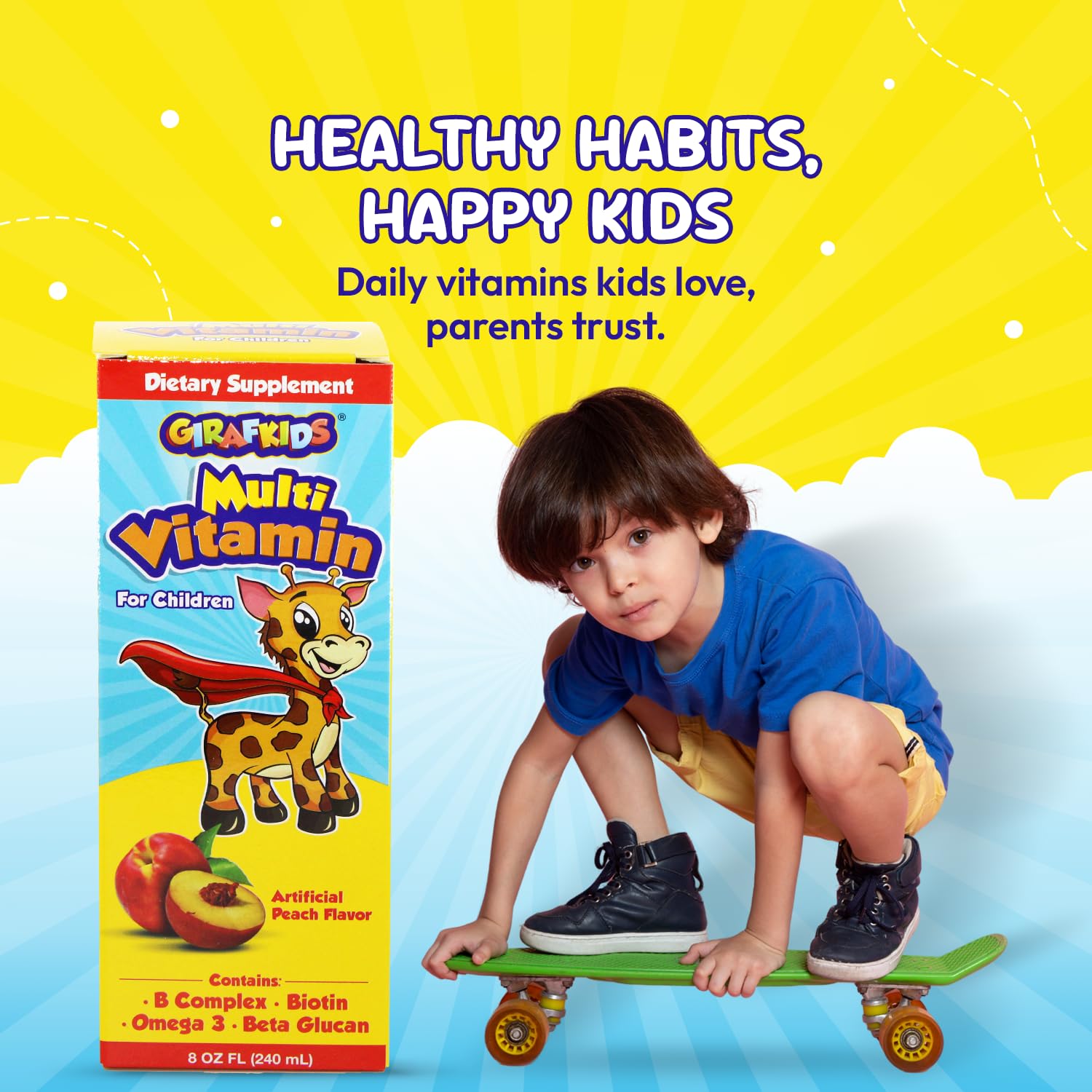 PHARMADEL GirafKids peach flavor syrup appeals to kids during flavor-filled dosing.