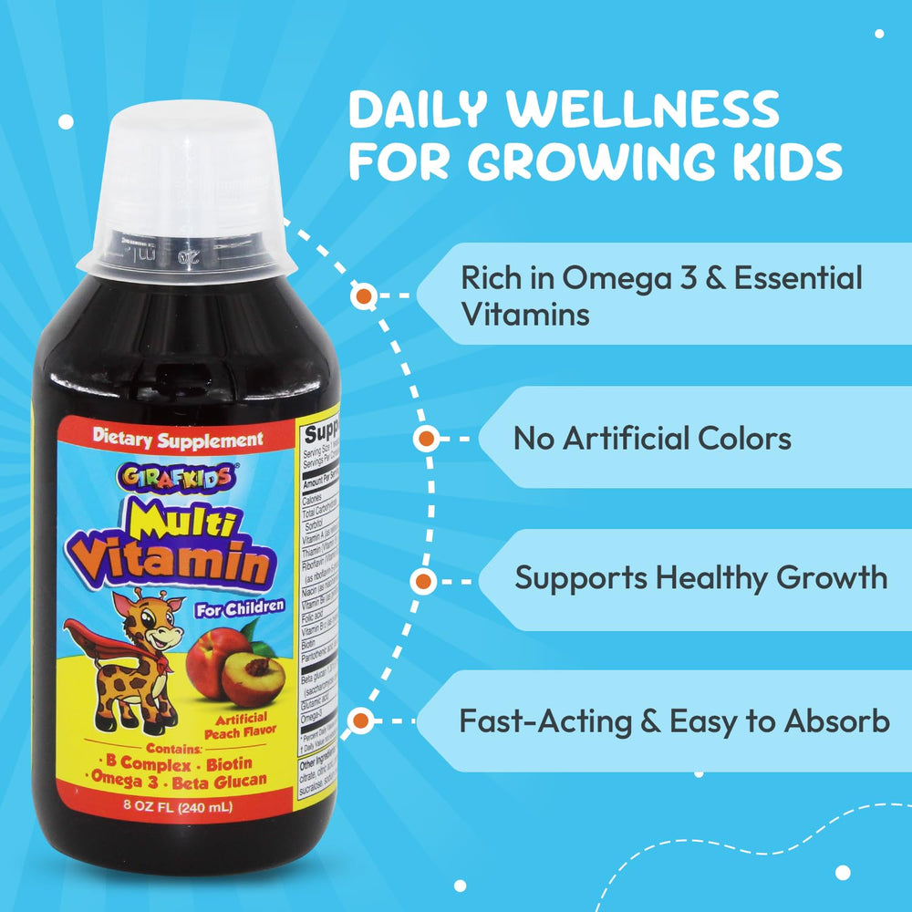 PHARMADEL GirafKids pour-friendly bottle demonstrates simple syrup dispensing for busy mornings.