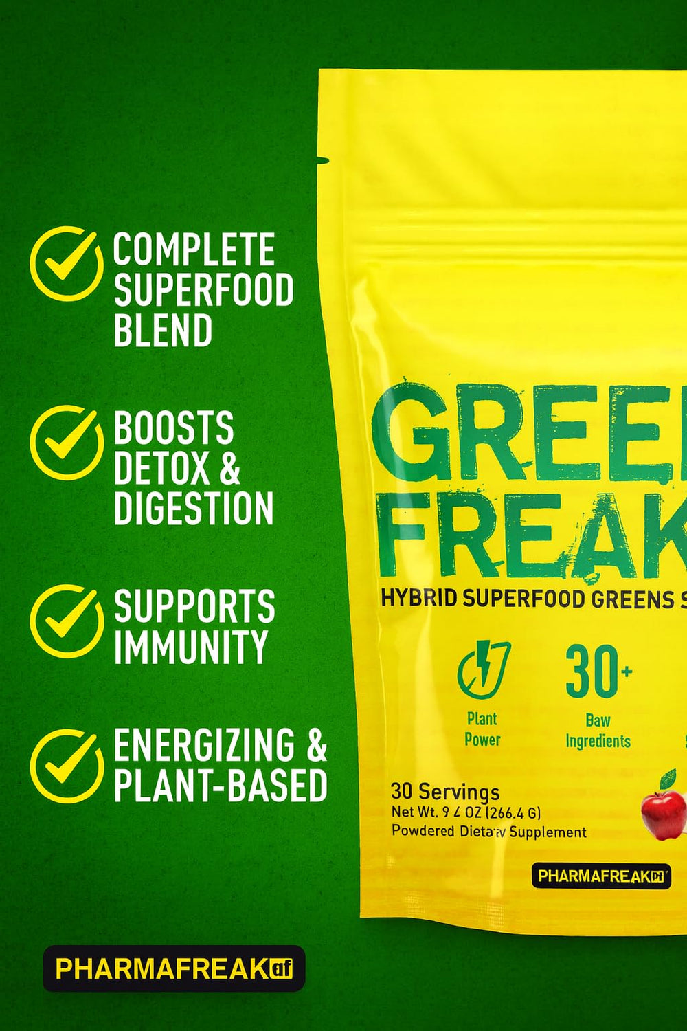Pharmafreak Greens Freak spirulina-chlorella blend boosts nutrient density
