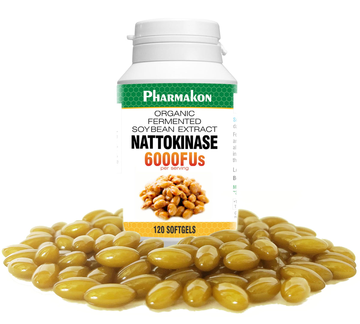 PHARMAKON nattokinase bottle front showing organic source and label for daily wellness.