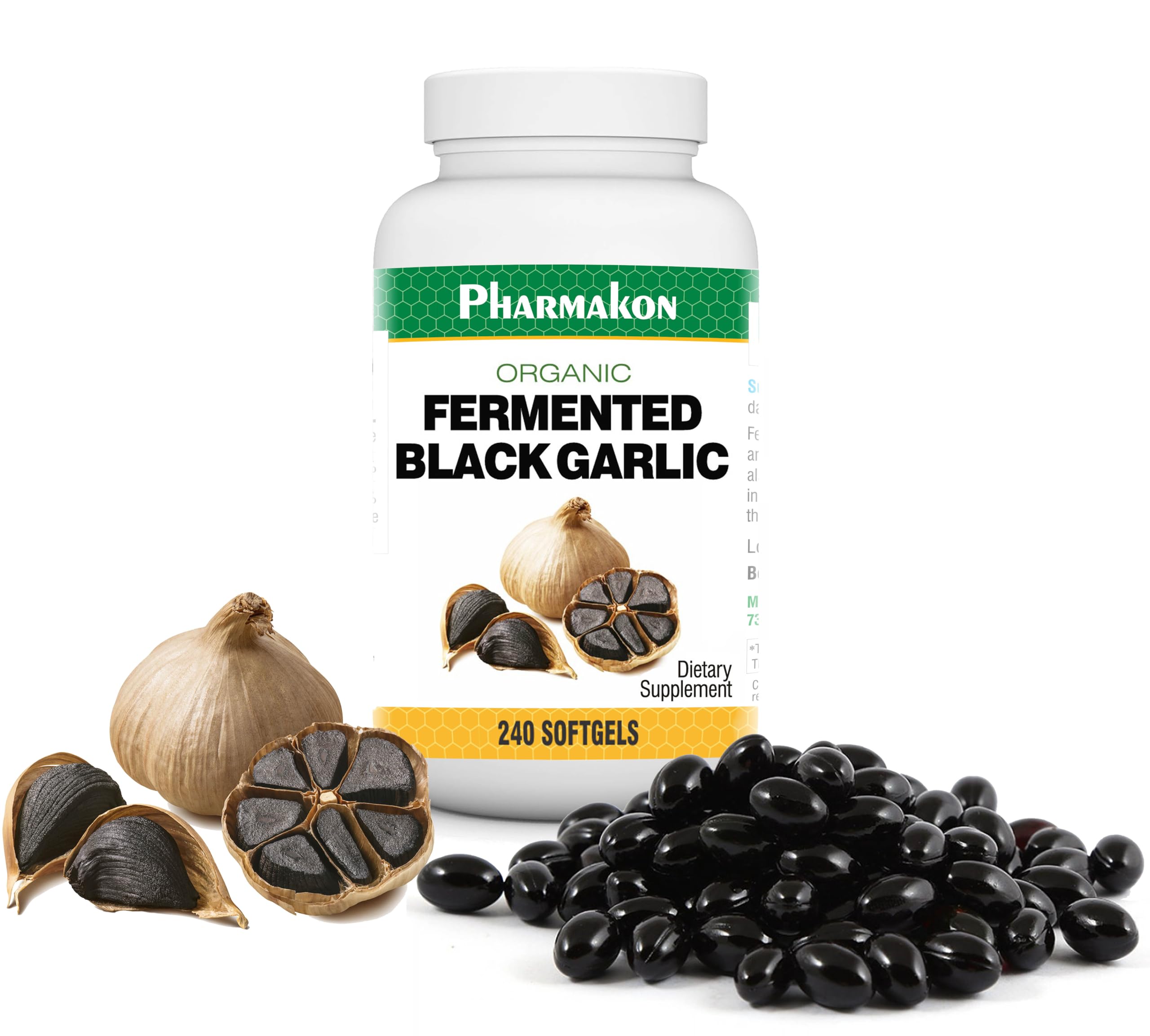 PHARMAKON organic aged black garlic capsules bottle for daily wellness support