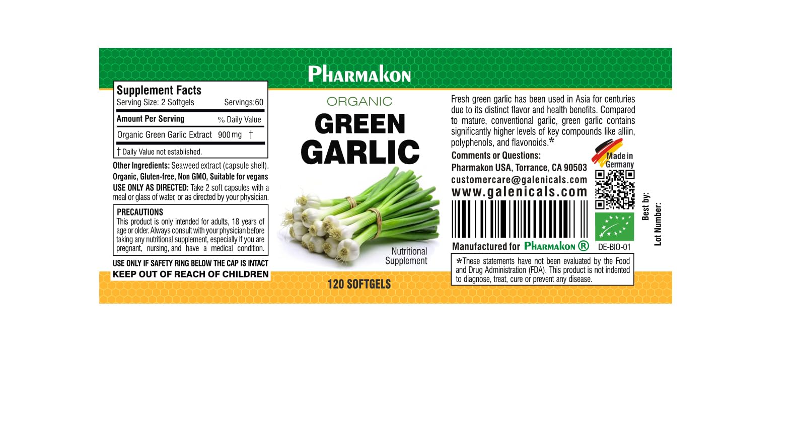 PHARMAKON green garlic capsules closeup showing smooth softgels for easy ingestion