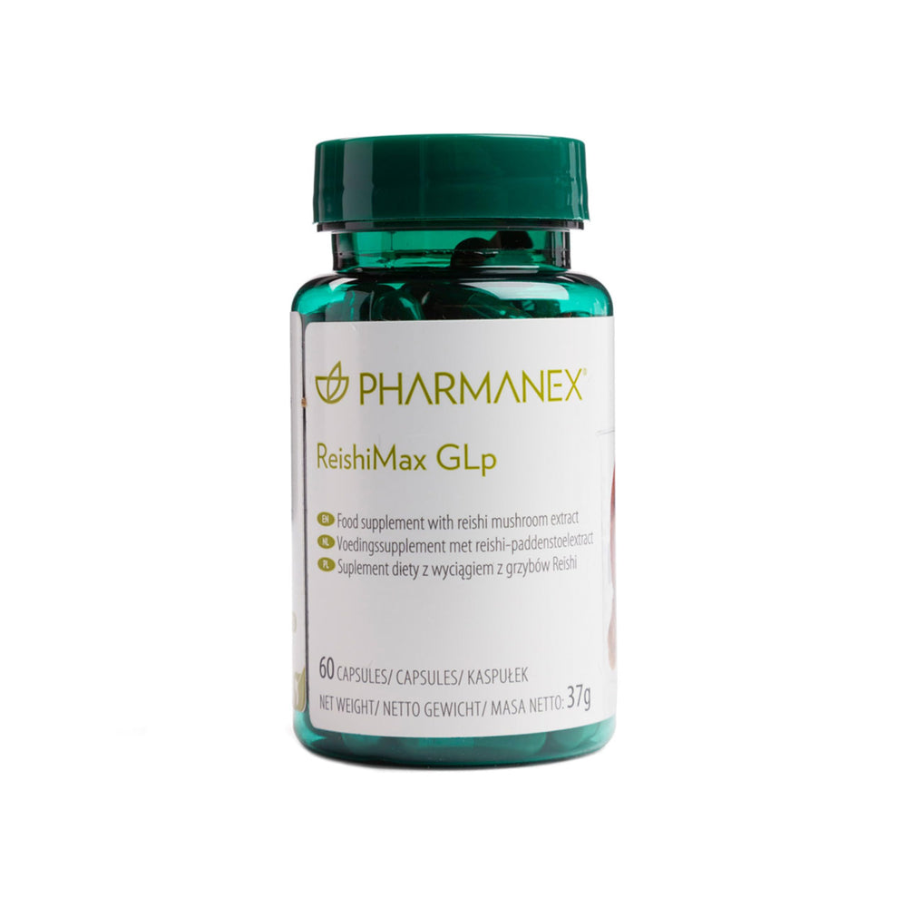 Pharmanex ReishiMax GLp bottle front view highlighting capsule packaging for immune support