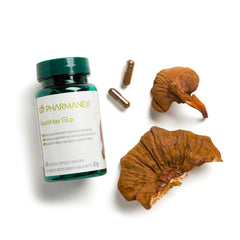 Pharmanex ReishiMax GLp bottle label close-up emphasizing cracked spore technology