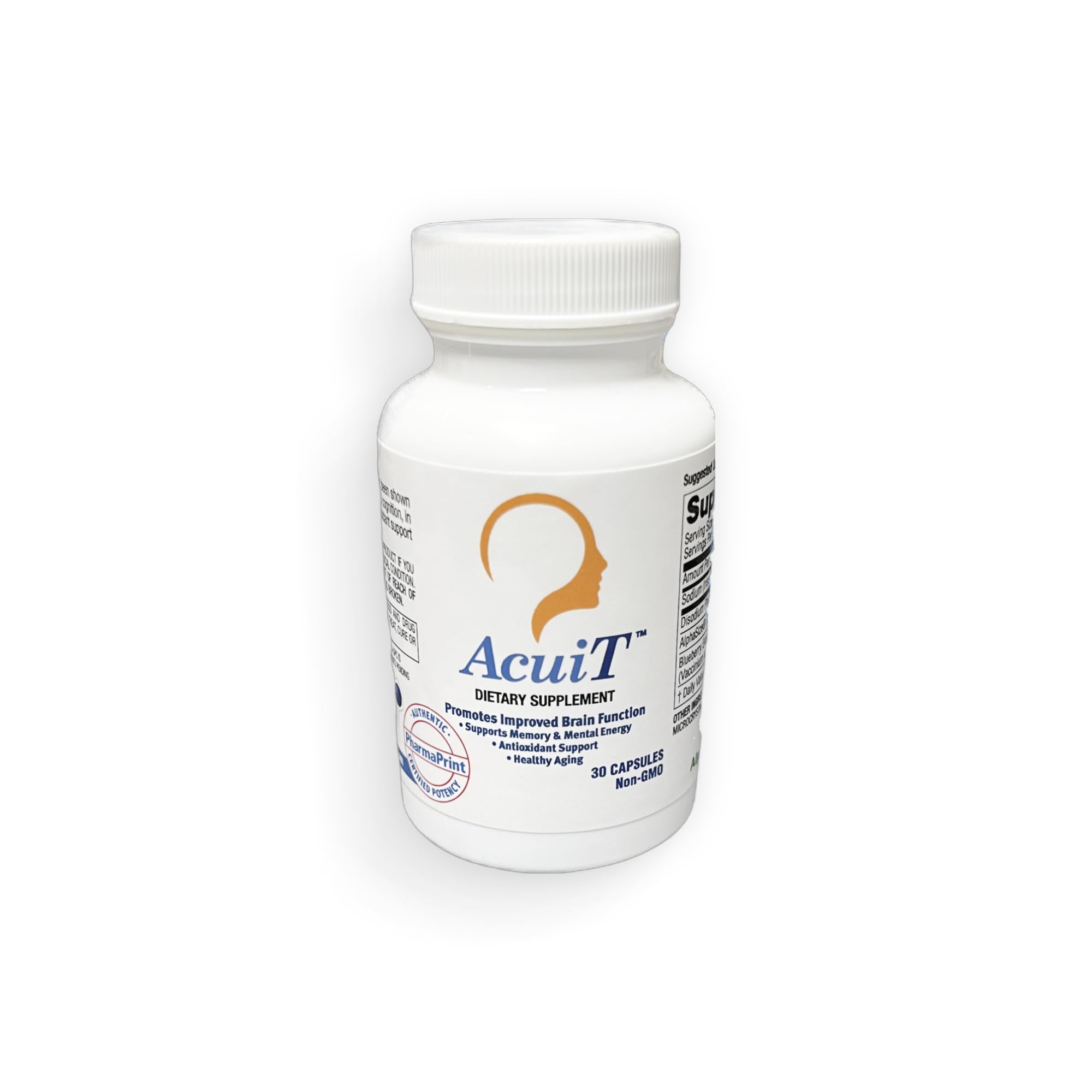 PharmaPrint AcuiT bottle label highlights brain energy support for daily focus