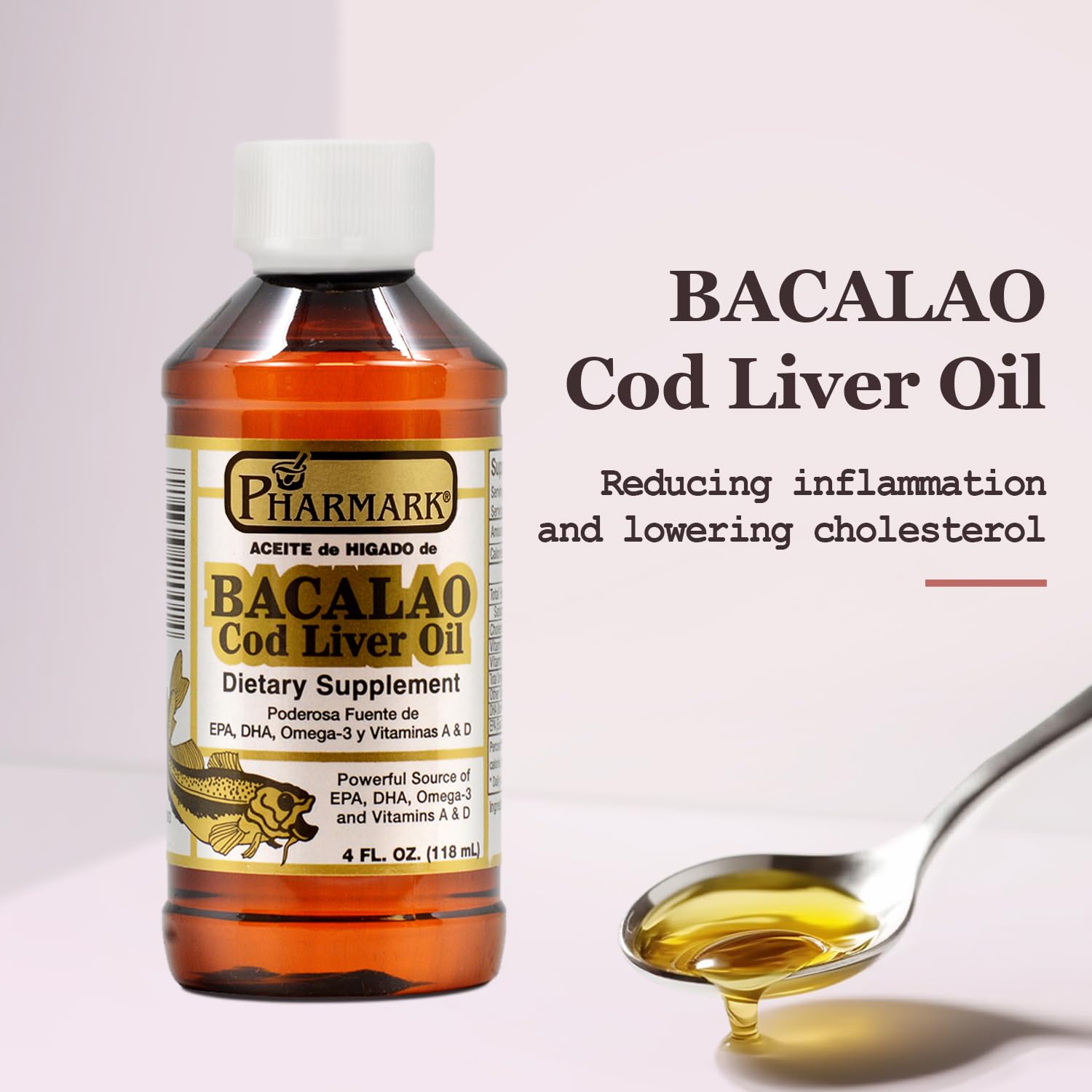 Pharmark Cod Liver Oil bottle pour—easy serving and dosing.