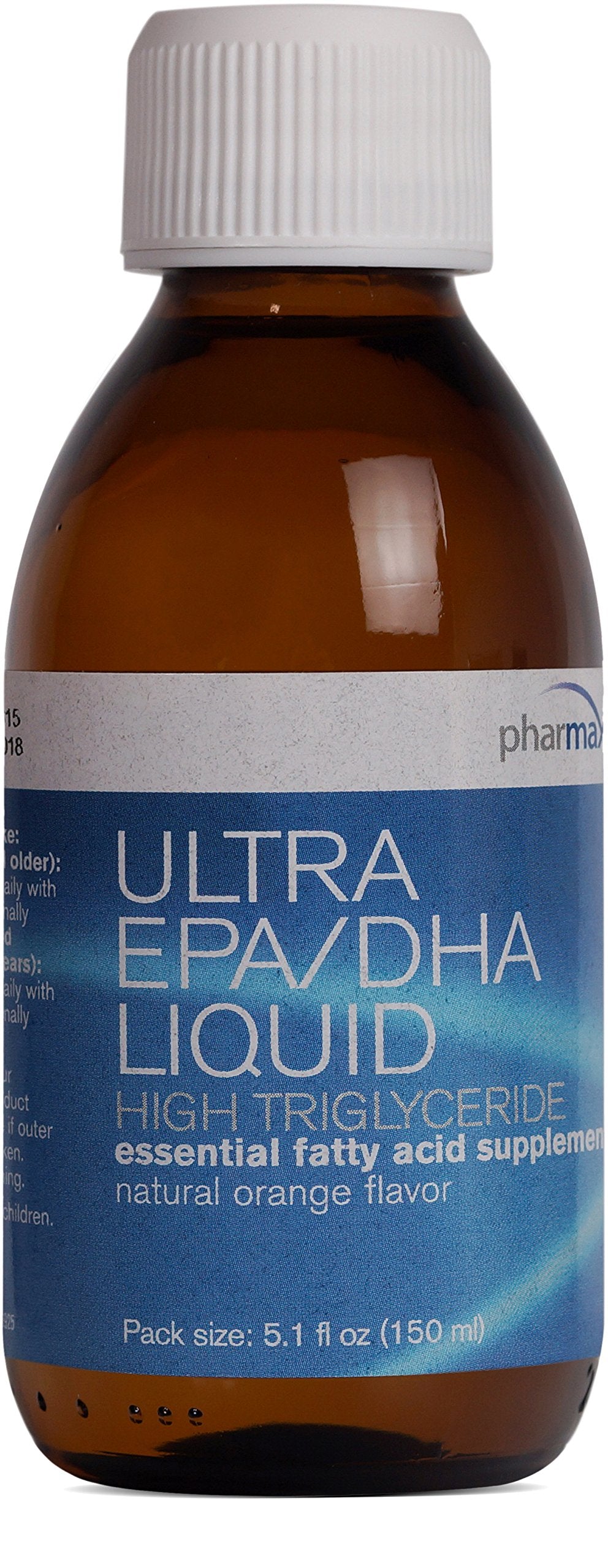 Pharmax Ultra EPA/DHA Liquid bottle pour with orange flavor for easy daily intake.
