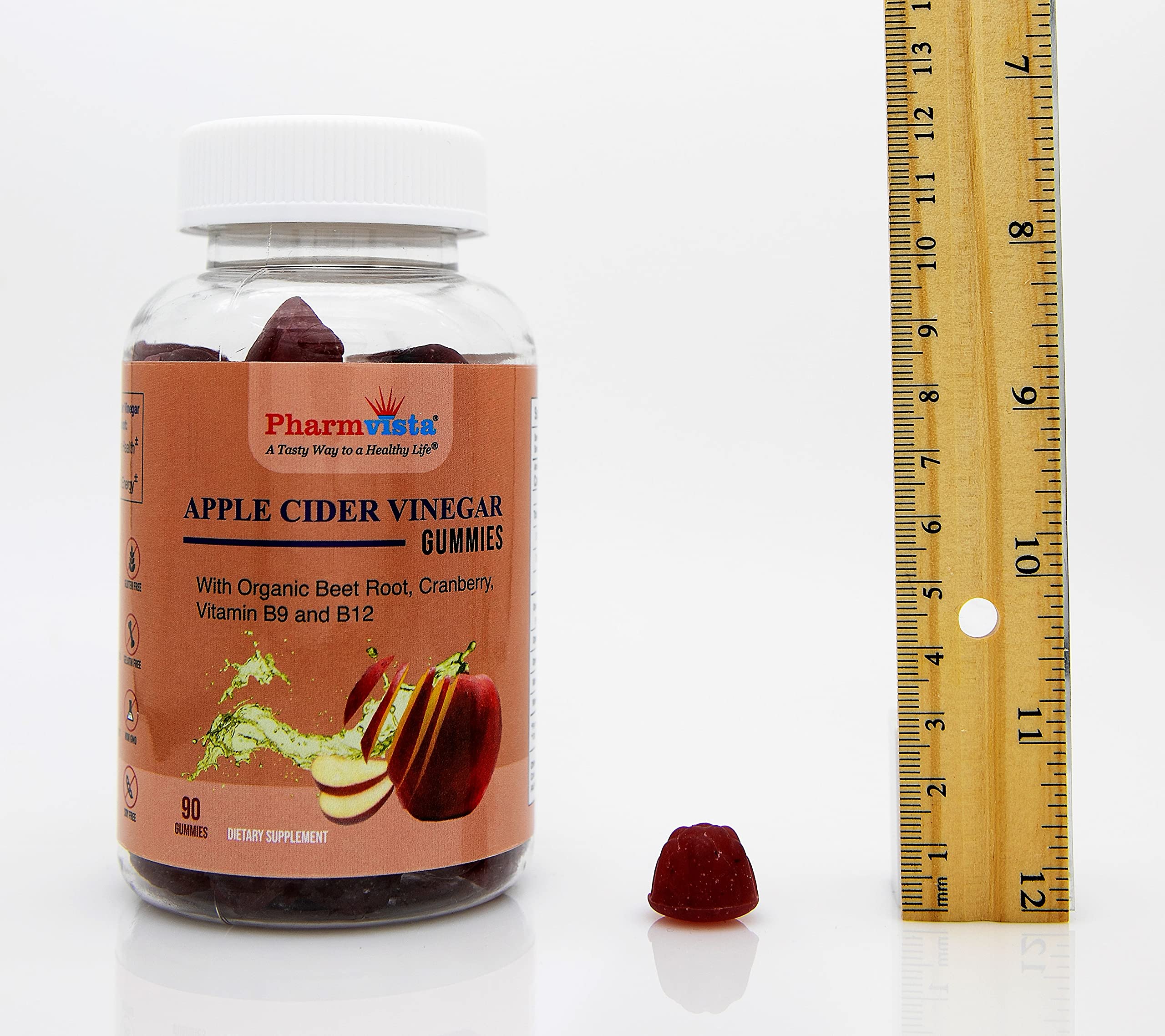 Pharmvista gummies ingredients close-up with beet root and cranberry for digestive support and flavor.