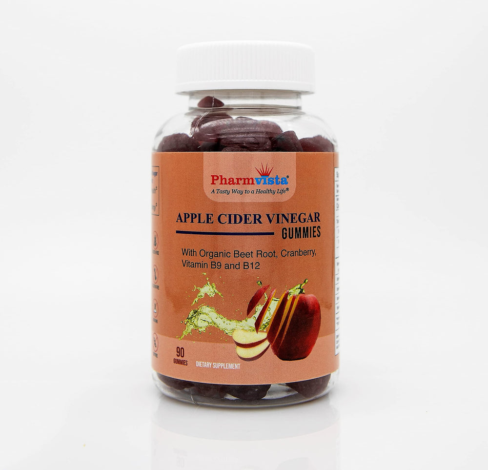 Pharmvista Apple Cider Vinegar Gummies packaging highlights vegan, gluten-free daily energy support.