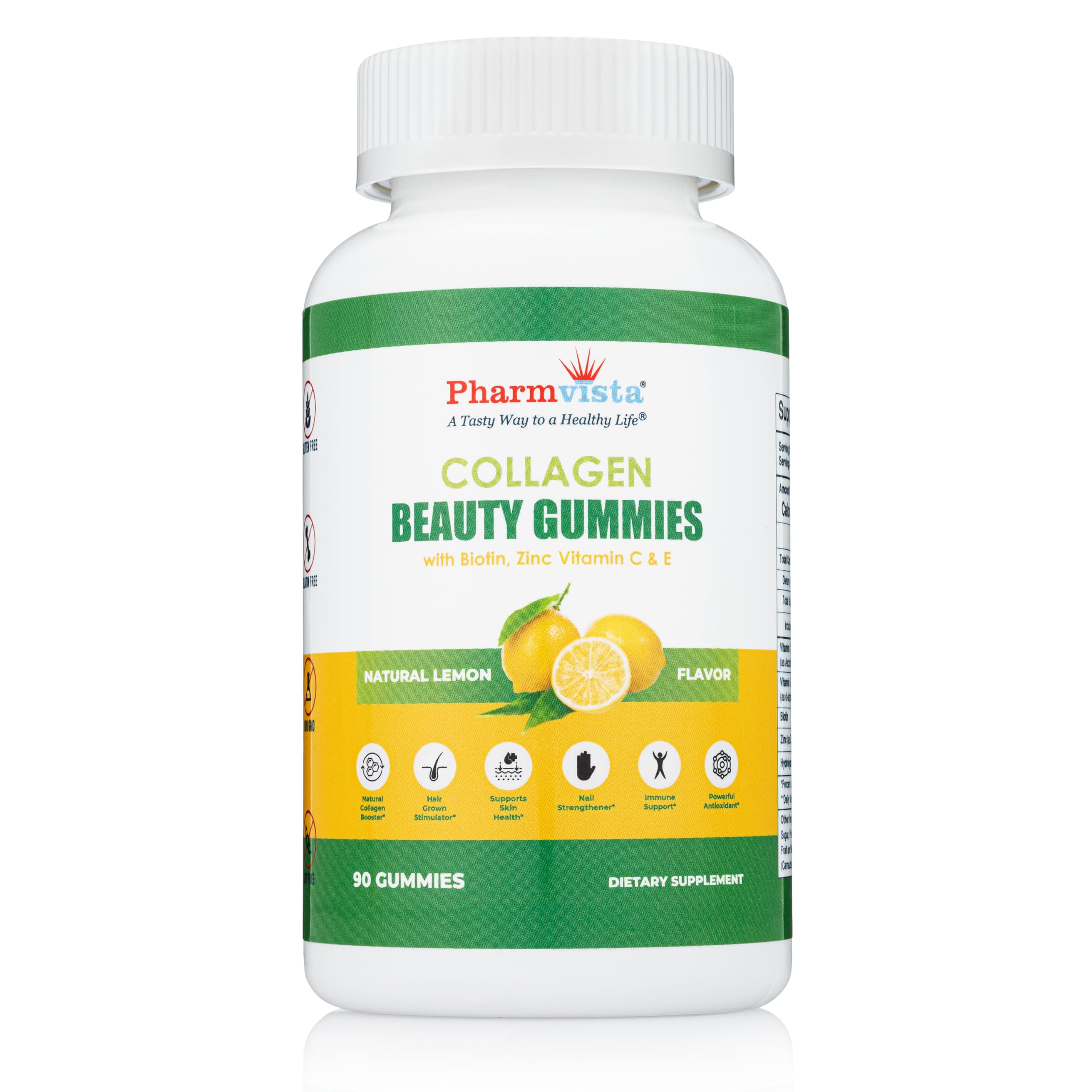 Pharmvista collagen gummies bottle front showing premium formula for hair, skin, and nails.