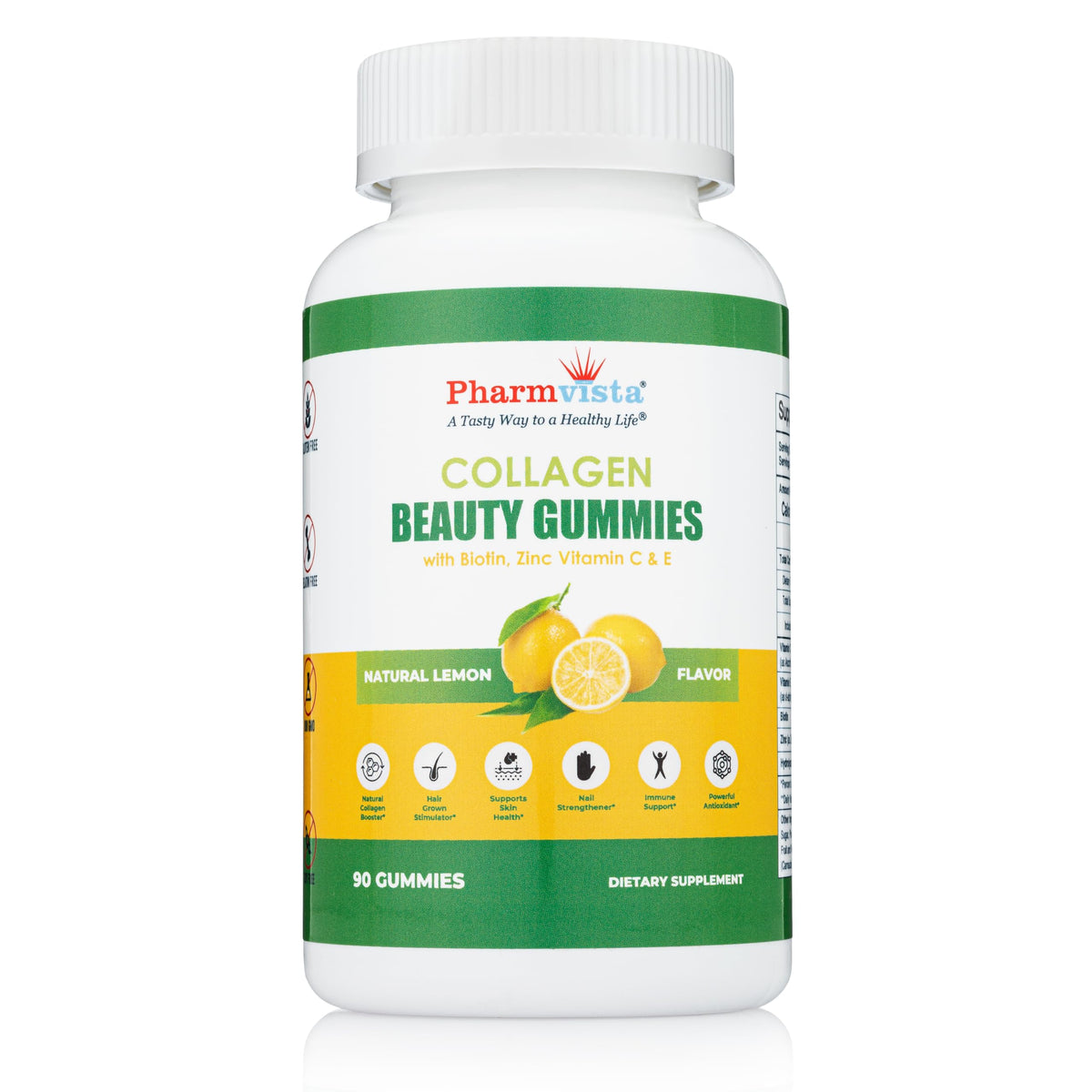 Pharmvista collagen gummies bottle front showing premium formula for hair, skin, and nails.
