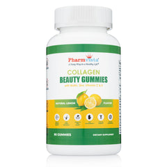 Pharmvista collagen gummies bottle front showing premium formula for hair, skin, and nails.