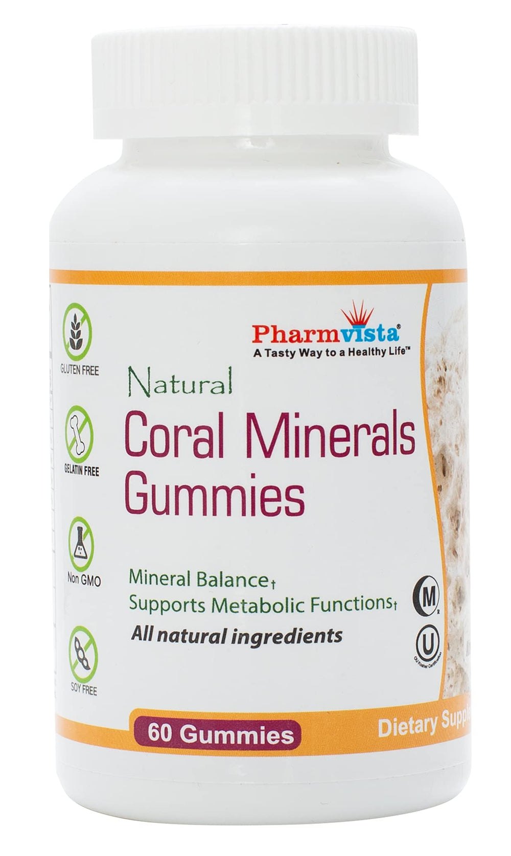 Pharmvista Coral Calcium Gummies bottle shows natural calcium with vitamin D3 for bone support.