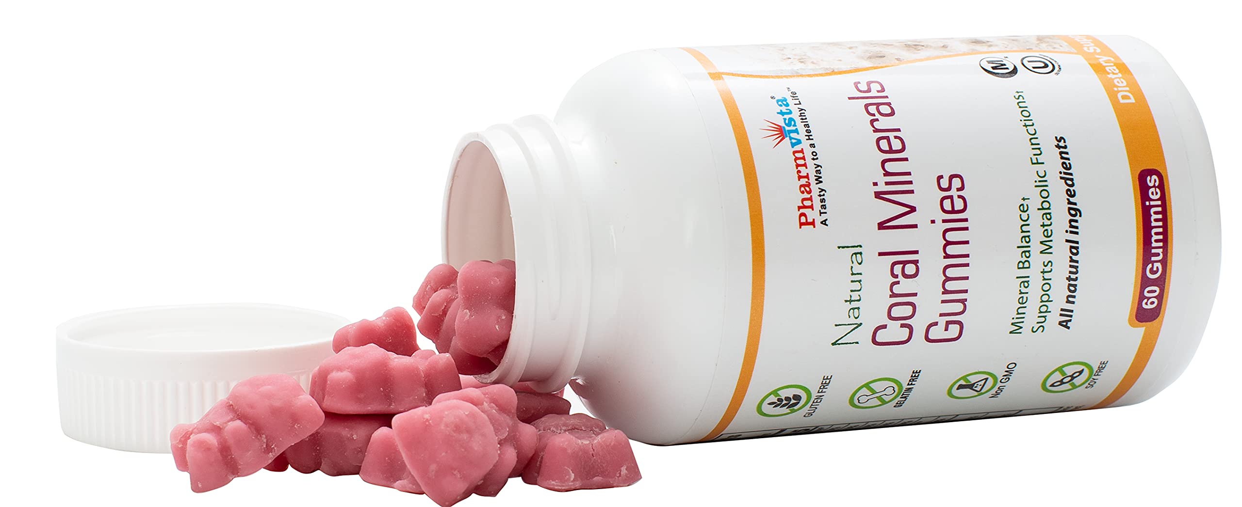 Pharmvista Coral Minerals label emphasizes a dairy-free and gluten-free formula.