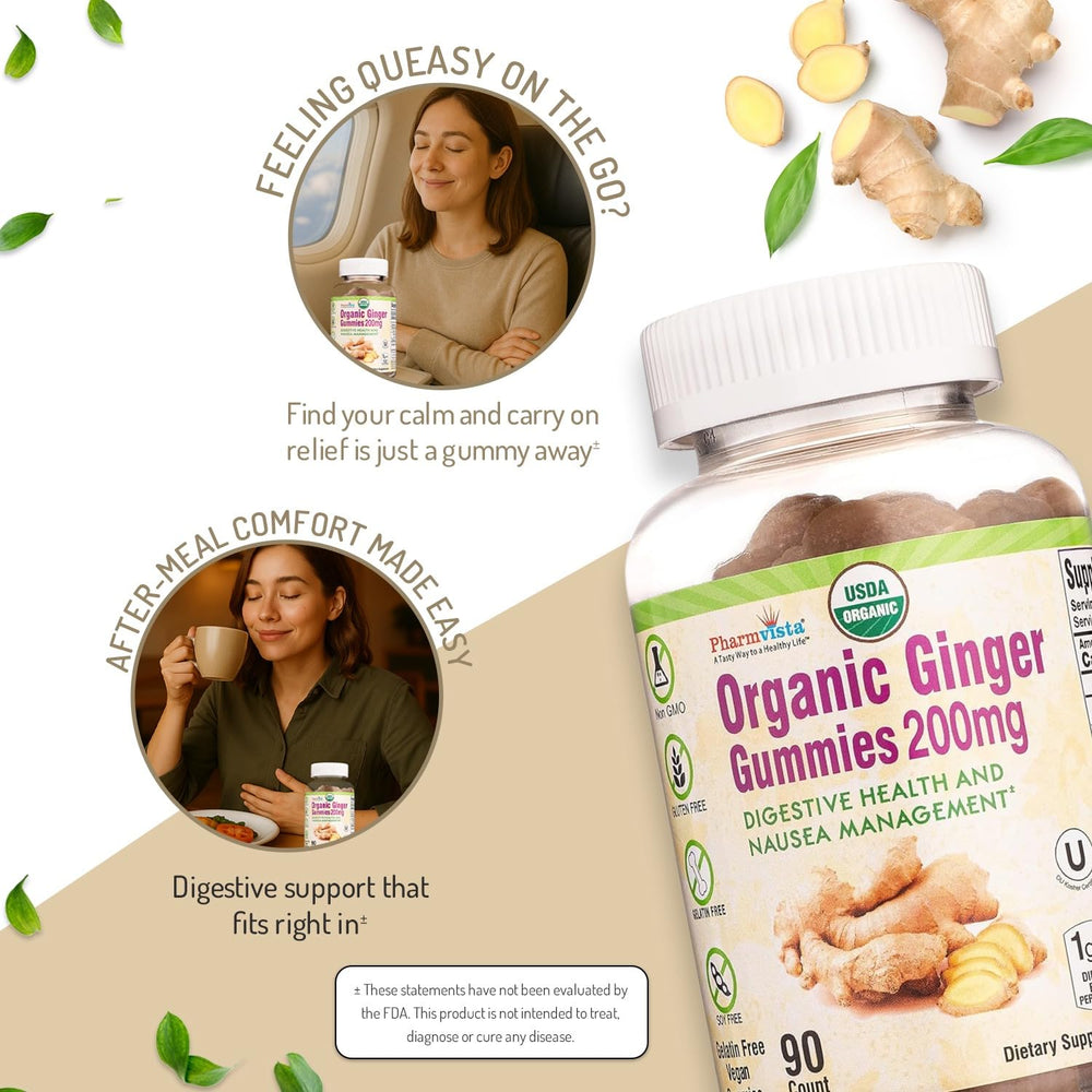 Pharmvista Ginger Gummies on hand illustrating travel-friendly, convenient use