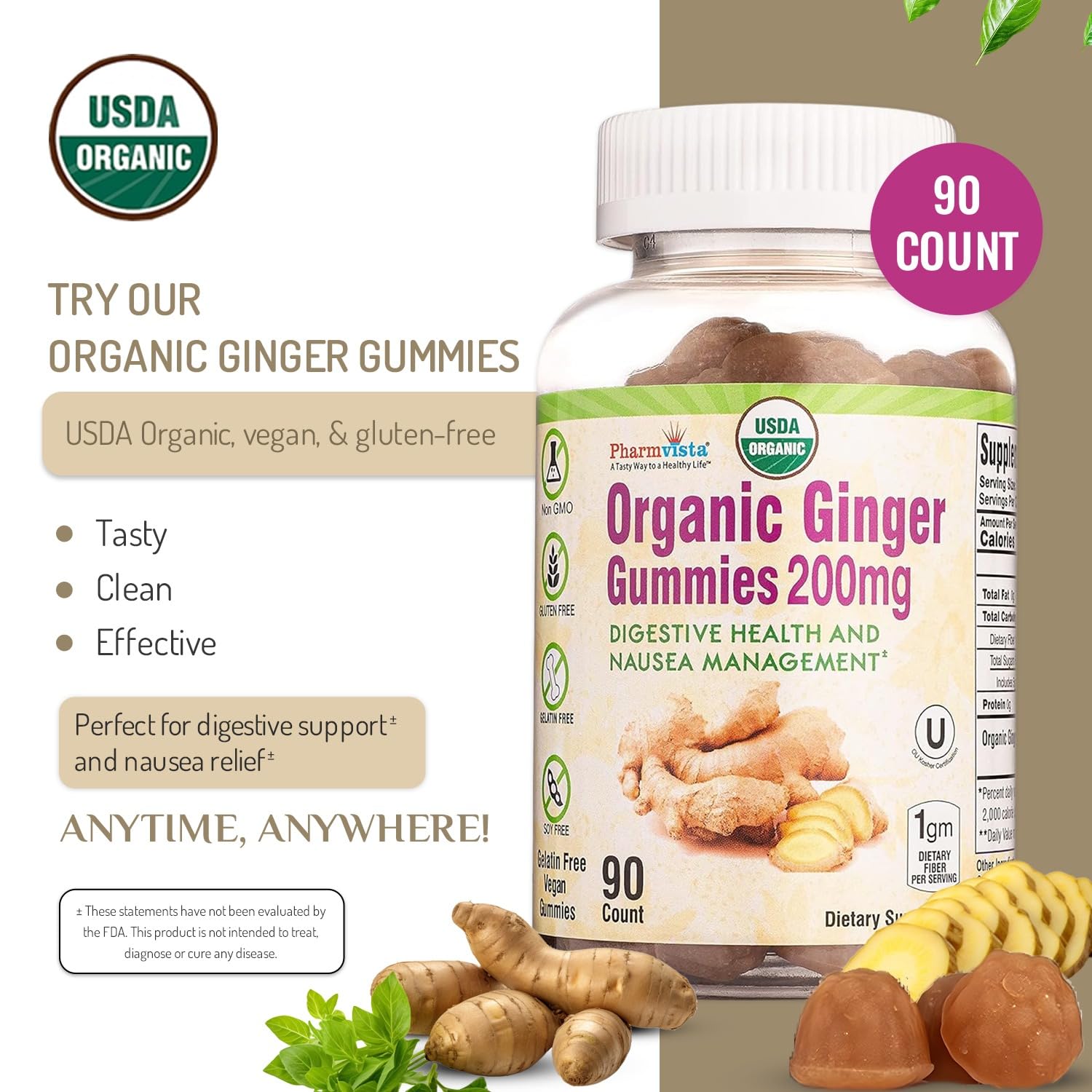 Pharmvista Ginger Gummies packaging front signaling vegan and allergen-friendly
