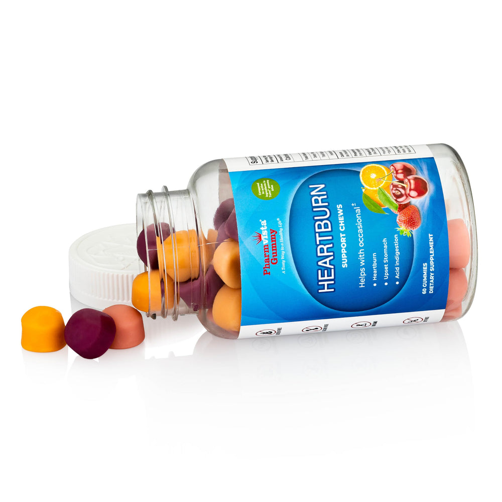 Pharmvista Heartburn Gummy Bites orange flavor, bright citrus and natural relief after spicy meals