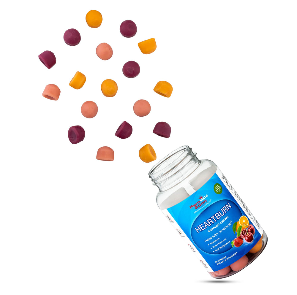 Pharmvista Heartburn Gummy Bites strawberry flavor, a tasty option for digestion after large meals