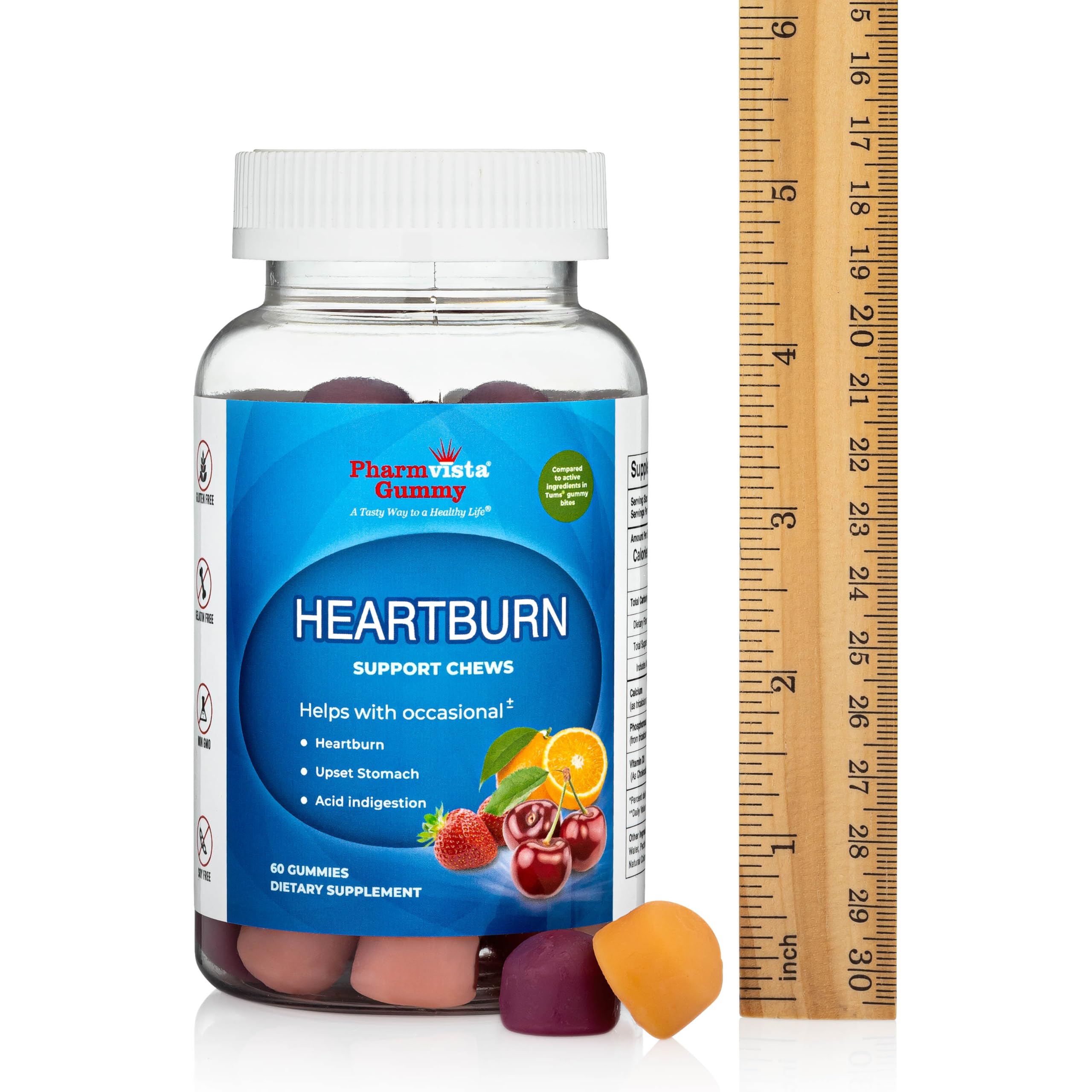 Pharmvista Heartburn Gummy Bites gummies closeup, soft chew for fast relief after meals