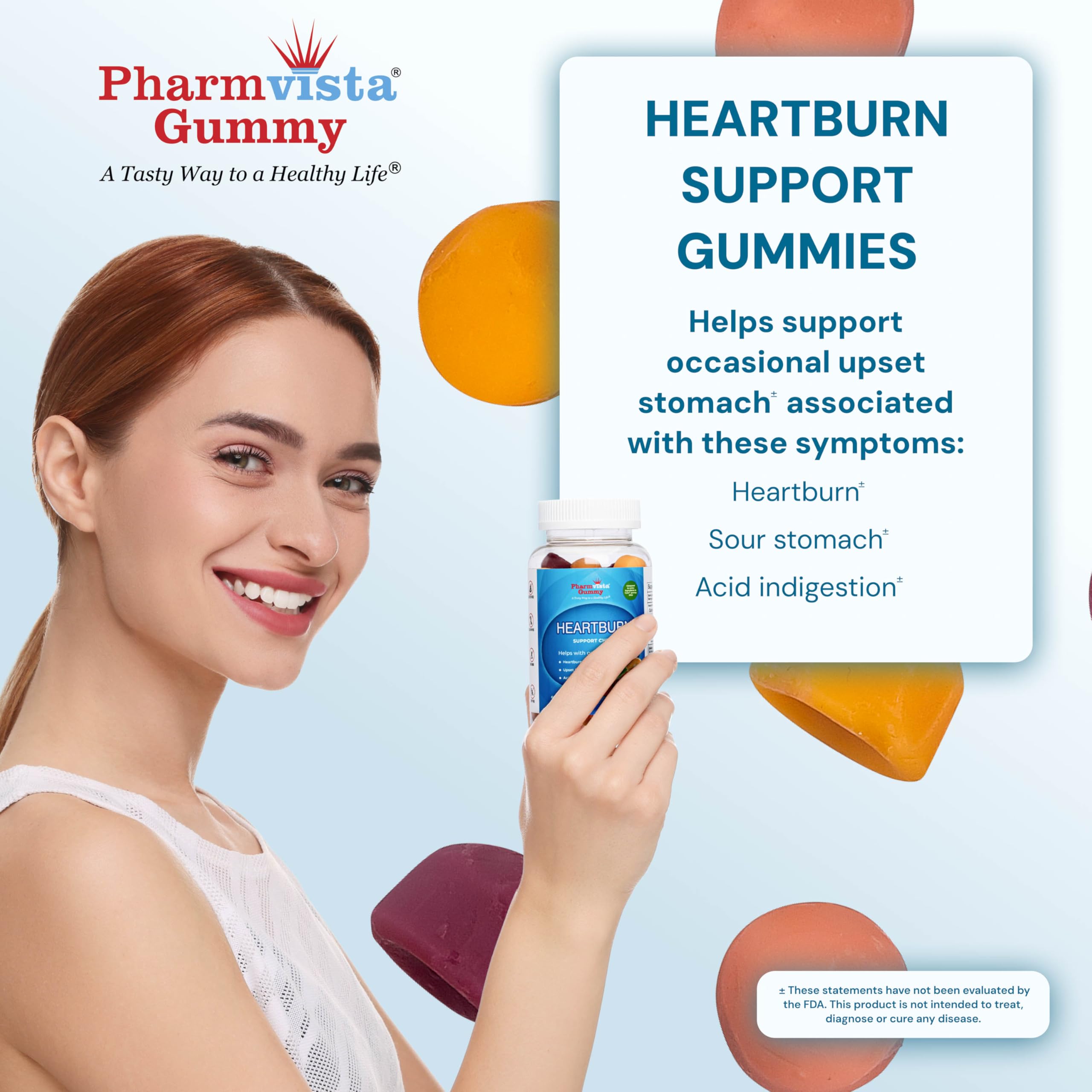 Pharmvista Heartburn Gummy Bites 60-count bottle, convenient daily digestive support
