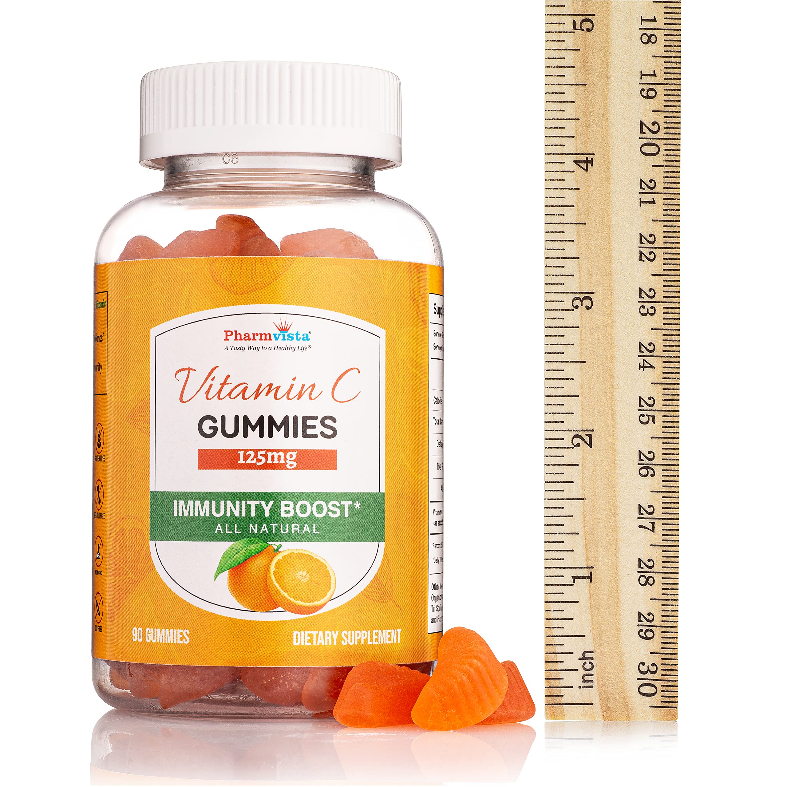 Pharmvista Vitamin C gummy close-up showing chewy exterior and natural citrus flavor.