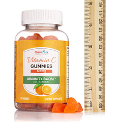 Pharmvista Vitamin C gummy close-up showing chewy exterior and natural citrus flavor.
