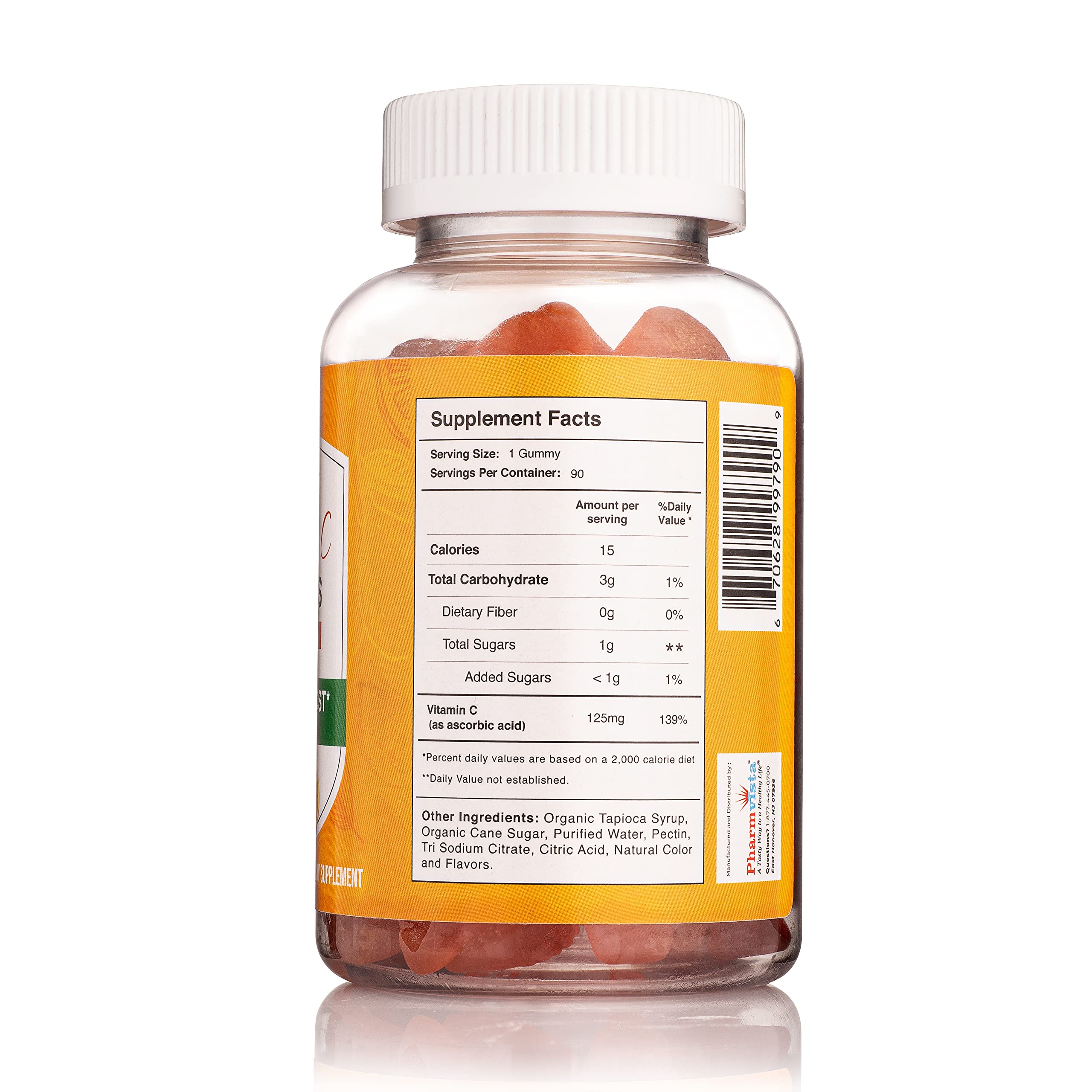 Pharmvista Vitamin C 125mg gummy packaging illustrating bottle and labeling.