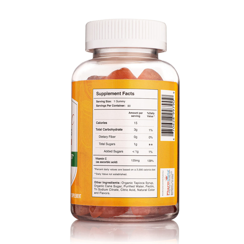 Pharmvista Vitamin C 125mg gummy packaging illustrating bottle and labeling.