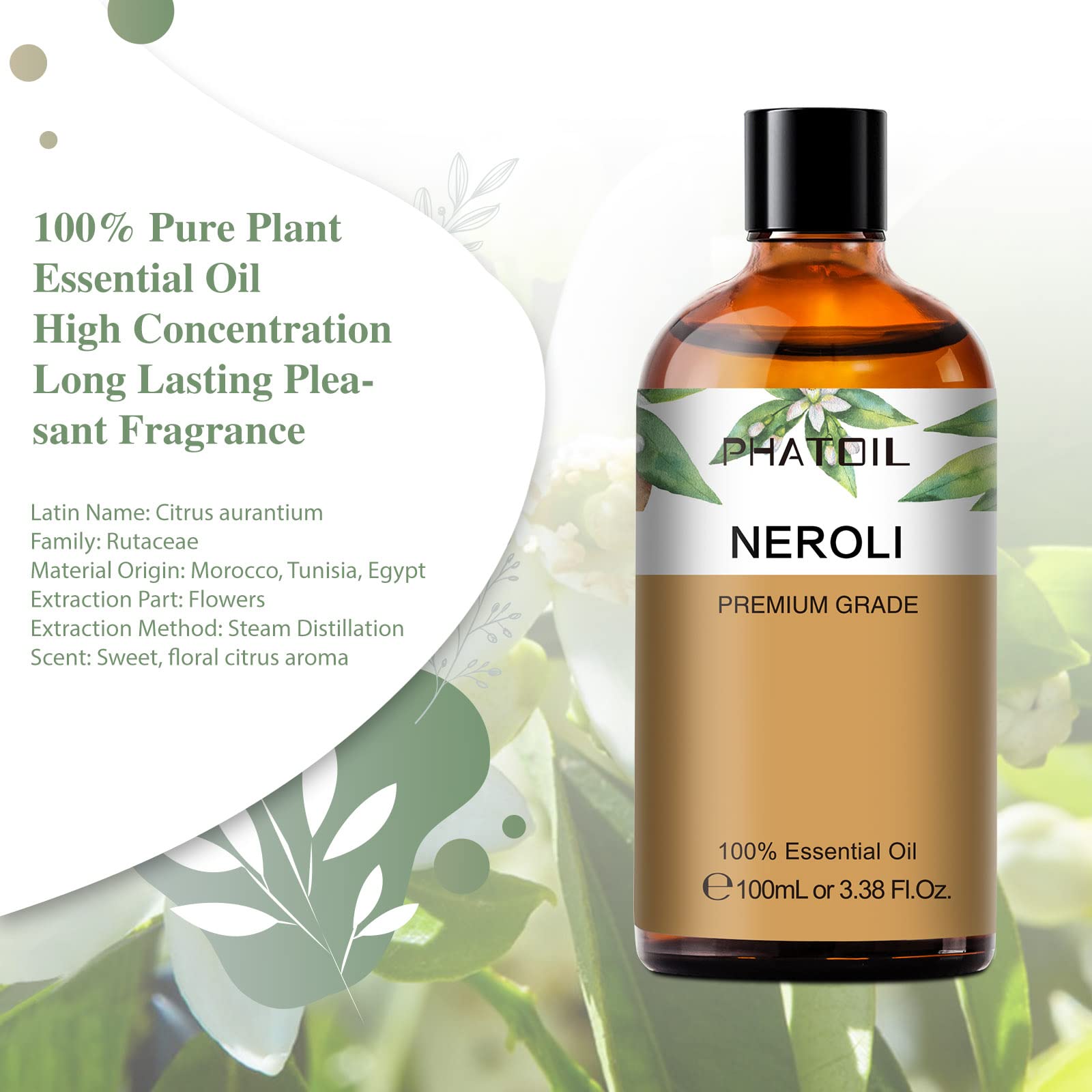 PHATOIL amber bottle protecting Neroli oil from light for lasting fragrance.
