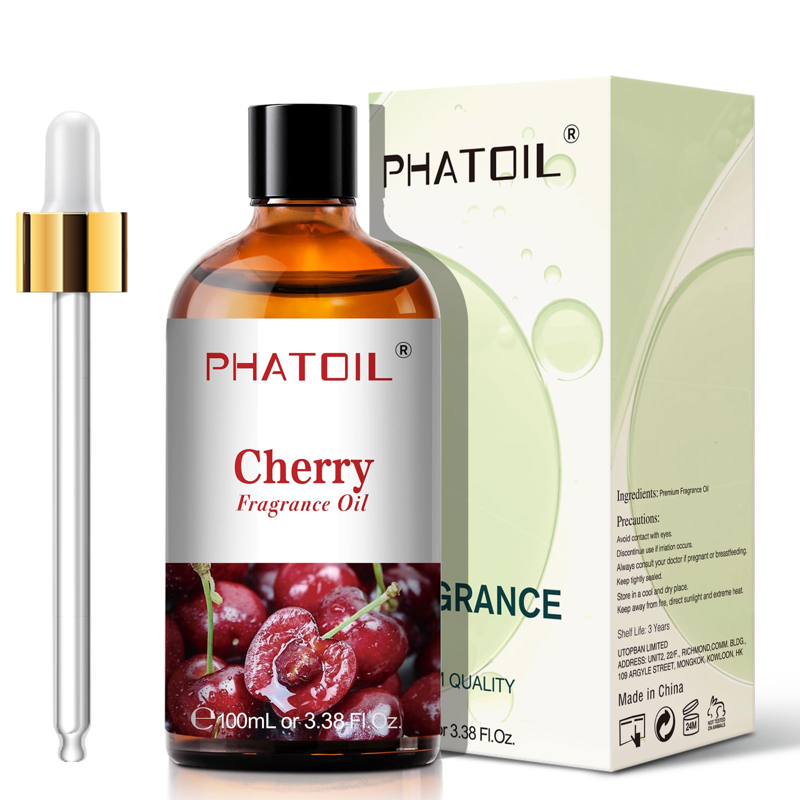 PHATOIL cherry fragrance oil shown for diffuser setup and room fragrance.