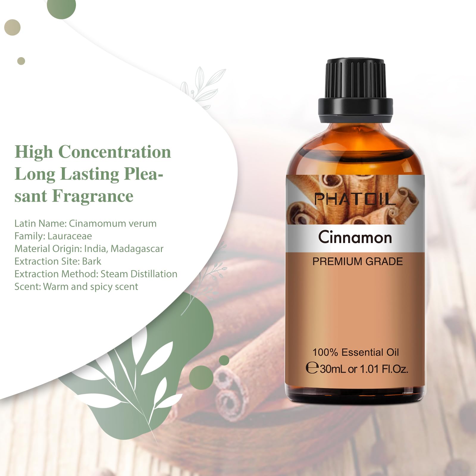 PHATOIL Cinnamon essential oil dropper enables precise blending.
