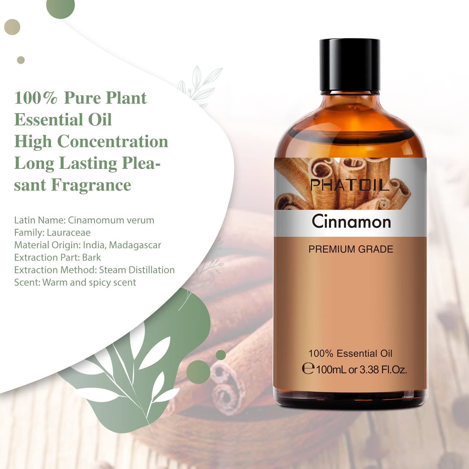 PHATOIL Cinnamon oil ideal for DIY soaps and candles with spice notes.
