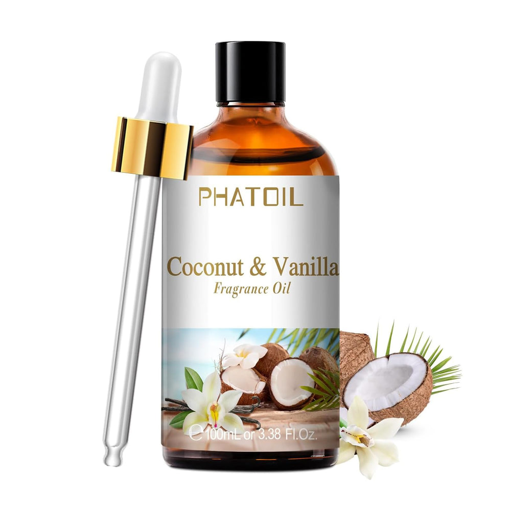 PHATOIL Coconut & Vanilla fragrance oil dropper for diffuser use, creating a calm space.