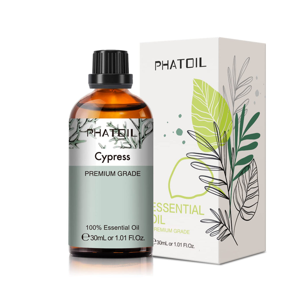 PHATOIL Cypress essential oil bottle with dropper for easy aromatherapy diffusing.